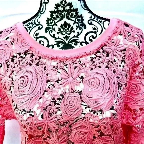 Vintage CHELSEA 28 Pink Crochet Victorian “Roses” Crew Neck 3/4 Sleeve Top (S) - Picture 3 of 7